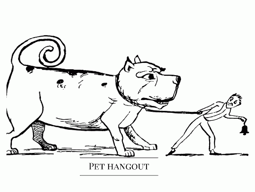 cartoon of man pulling large dog